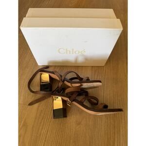 Chloe Brown Leather Cross Strap Sandals with Gold Heel